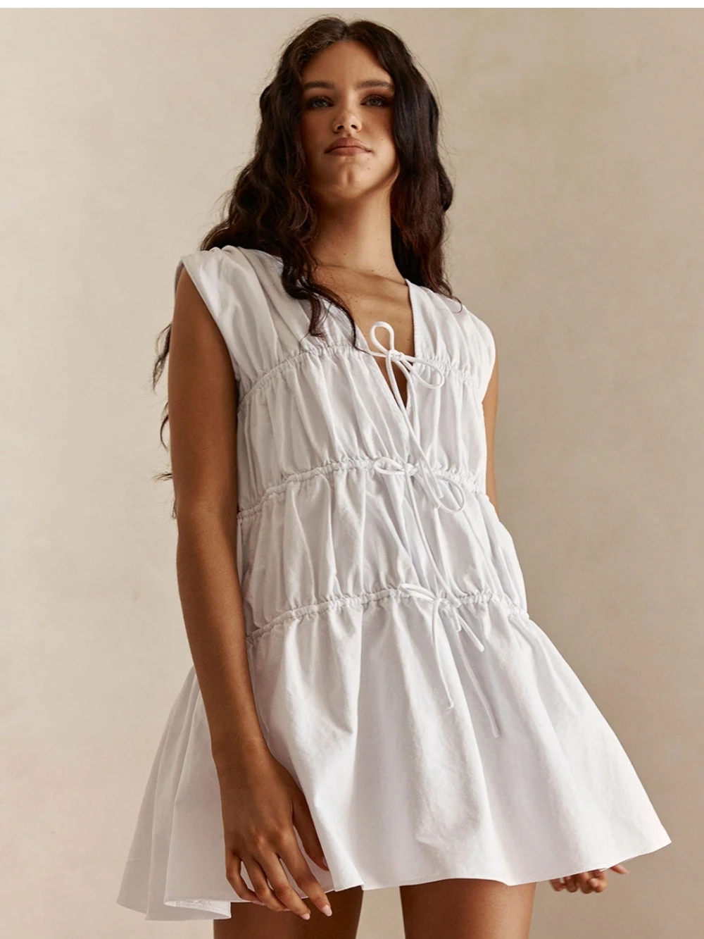 White Tiered Tie-Front Mini Dress